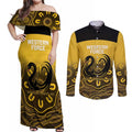 Custom Australia Western Force Couples Matching Off Shoulder Maxi Dress and Long Sleeve Button Shirt 20 Years Anniversary Aboriginal Yellow Version