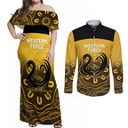 Custom Australia Western Force Couples Matching Off Shoulder Maxi Dress and Long Sleeve Button Shirt 20 Years Anniversary Aboriginal Yellow Version
