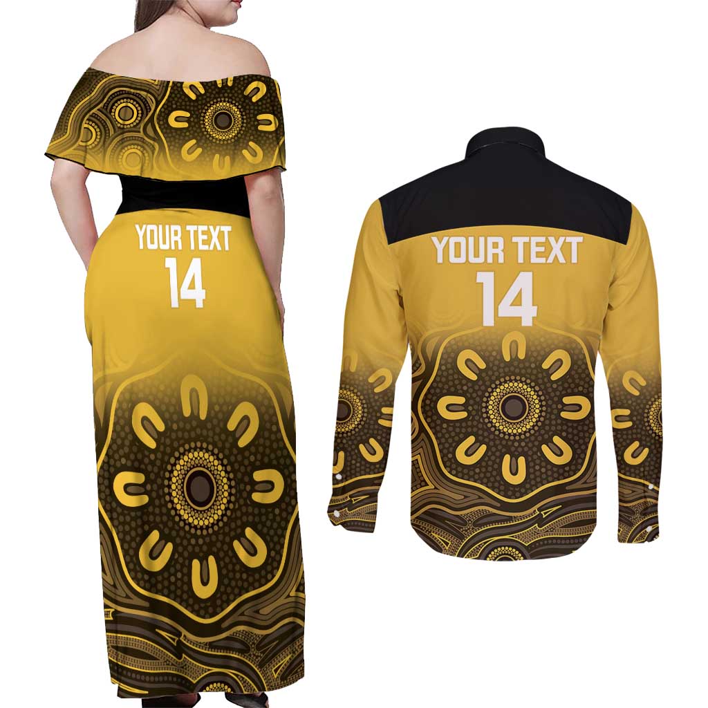 Custom Australia Western Force Couples Matching Off Shoulder Maxi Dress and Long Sleeve Button Shirt 20 Years Anniversary Aboriginal Yellow Version