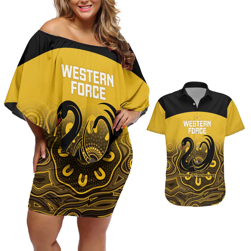Custom Australia Western Force Couples Matching Off Shoulder Short Dress and Hawaiian Shirt 20 Years Anniversary Aboriginal Yellow Version
