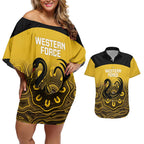 Custom Australia Western Force Couples Matching Off Shoulder Short Dress and Hawaiian Shirt 20 Years Anniversary Aboriginal Yellow Version