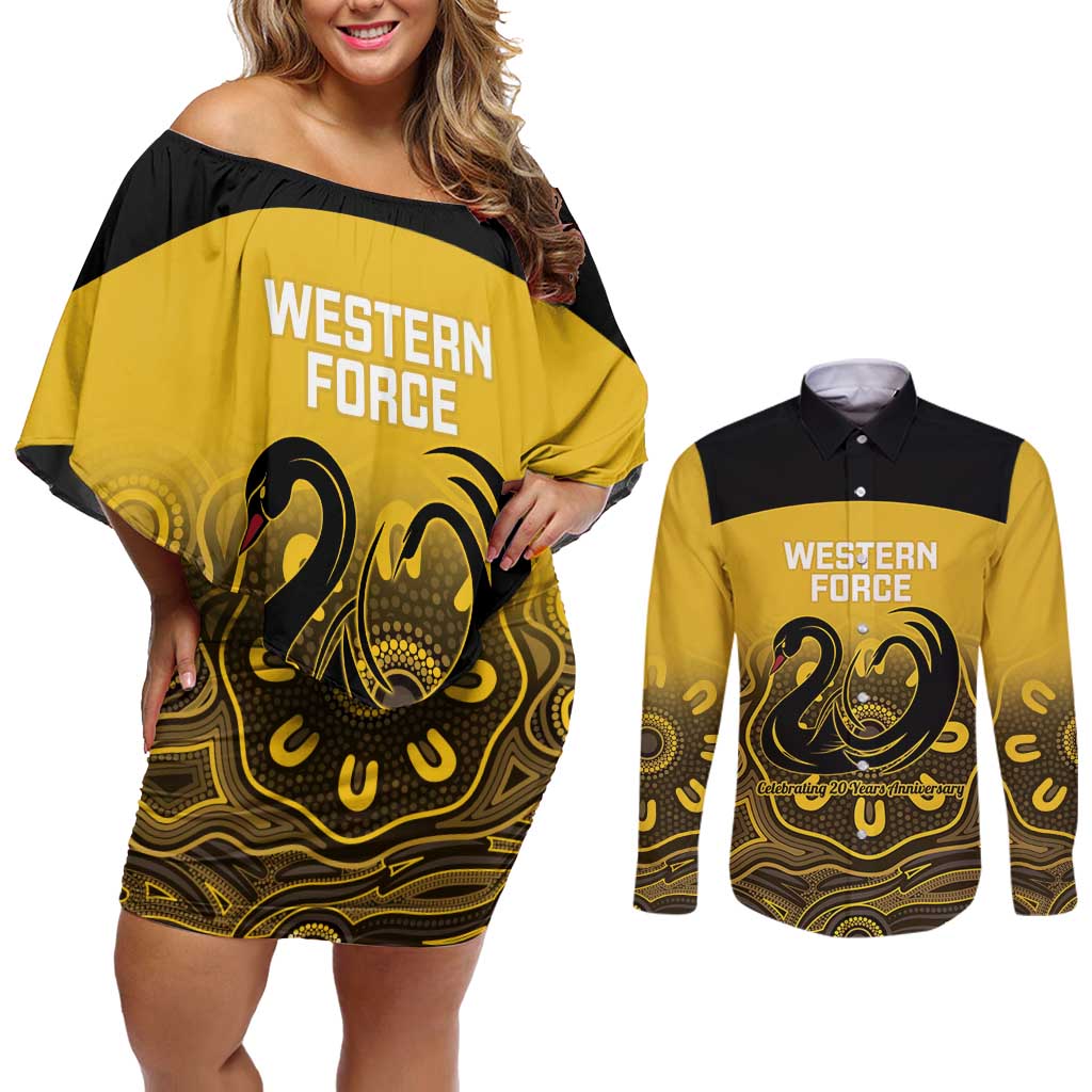 Custom Australia Western Force Couples Matching Off Shoulder Short Dress and Long Sleeve Button Shirt 20 Years Anniversary Aboriginal Yellow Version