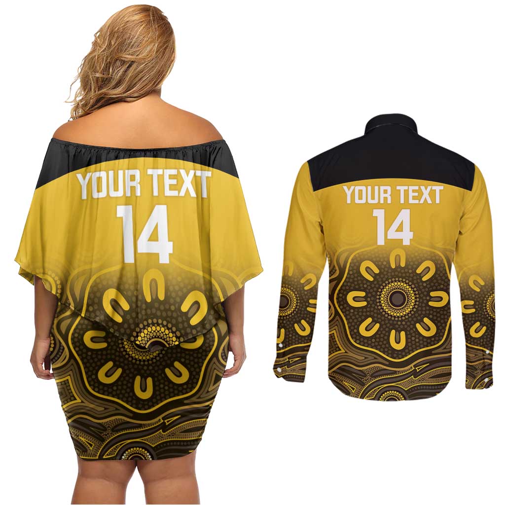 Custom Australia Western Force Couples Matching Off Shoulder Short Dress and Long Sleeve Button Shirt 20 Years Anniversary Aboriginal Yellow Version