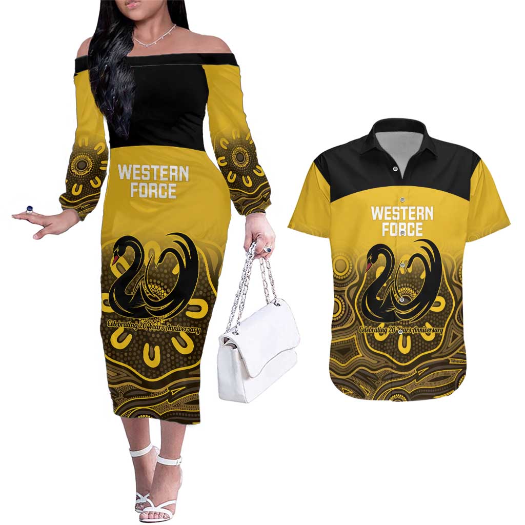 Custom Australia Western Force Couples Matching Off The Shoulder Long Sleeve Dress and Hawaiian Shirt 20 Years Anniversary Aboriginal Yellow Version