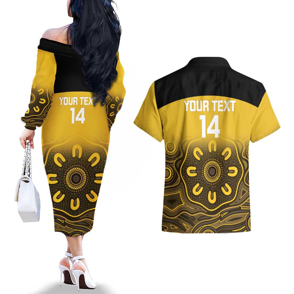 Custom Australia Western Force Couples Matching Off The Shoulder Long Sleeve Dress and Hawaiian Shirt 20 Years Anniversary Aboriginal Yellow Version