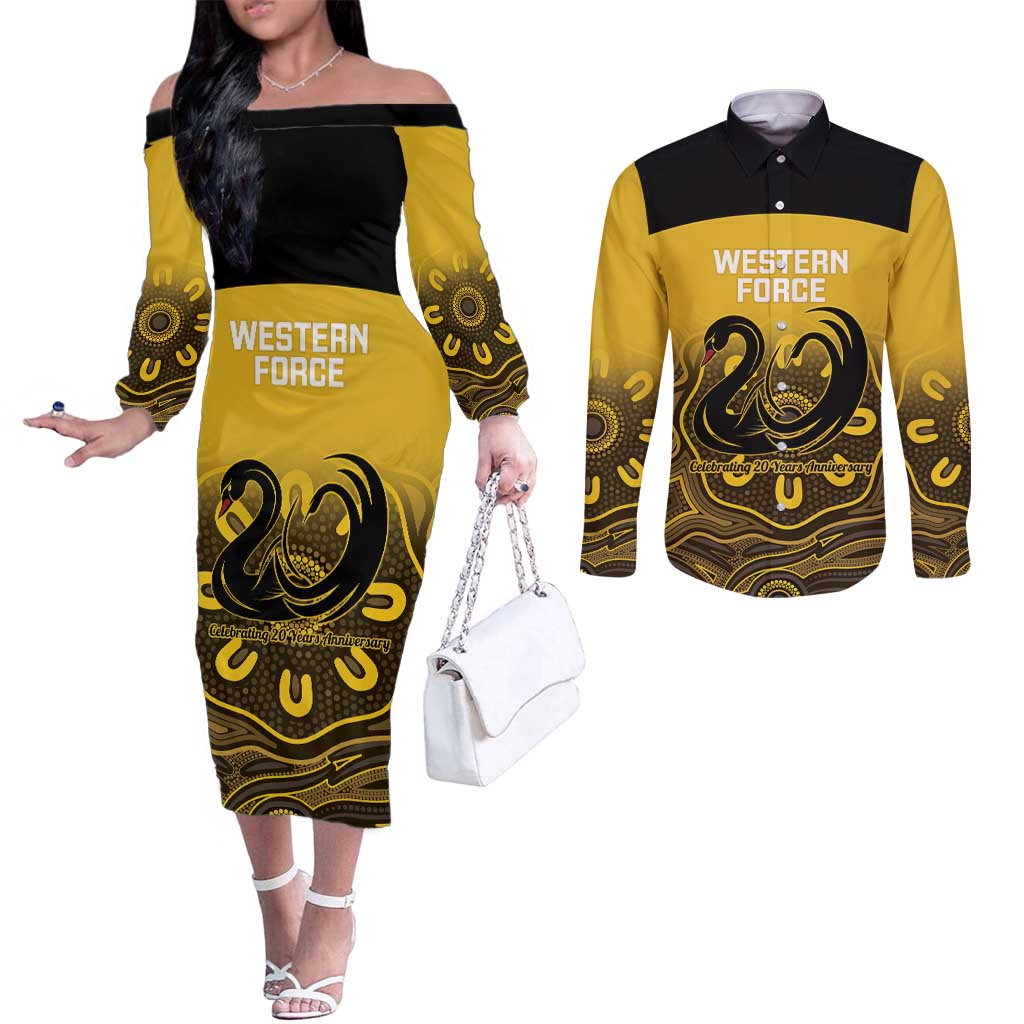 Custom Australia Western Force Couples Matching Off The Shoulder Long Sleeve Dress and Long Sleeve Button Shirt 20 Years Anniversary Aboriginal Yellow Version