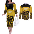 Custom Australia Western Force Couples Matching Off The Shoulder Long Sleeve Dress and Long Sleeve Button Shirt 20 Years Anniversary Aboriginal Yellow Version