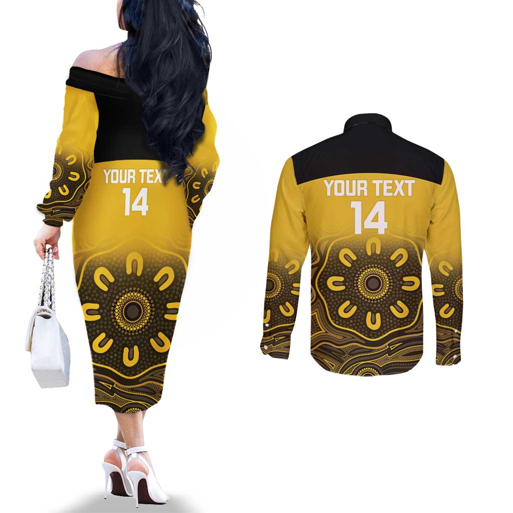 Custom Australia Western Force Couples Matching Off The Shoulder Long Sleeve Dress and Long Sleeve Button Shirt 20 Years Anniversary Aboriginal Yellow Version
