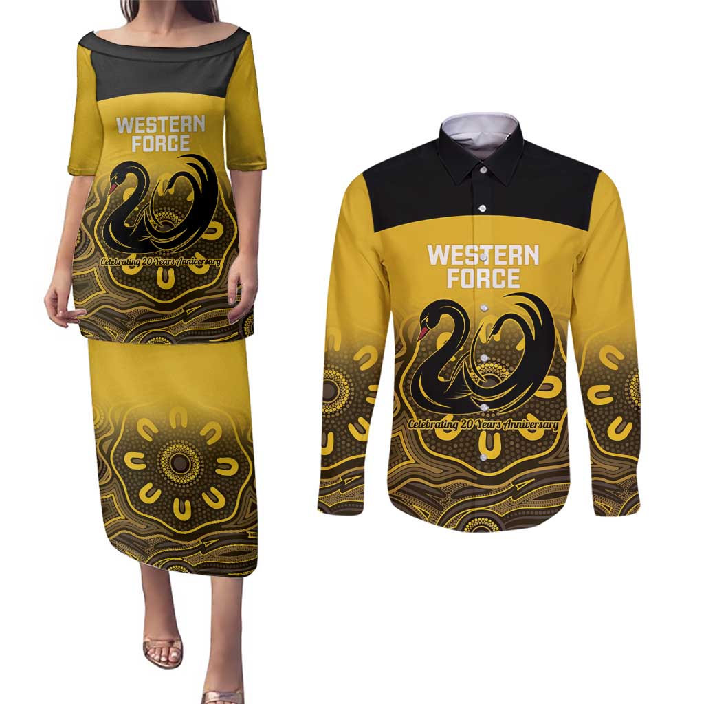 Custom Australia Western Force Couples Matching Puletasi and Long Sleeve Button Shirt 20 Years Anniversary Aboriginal Yellow Version