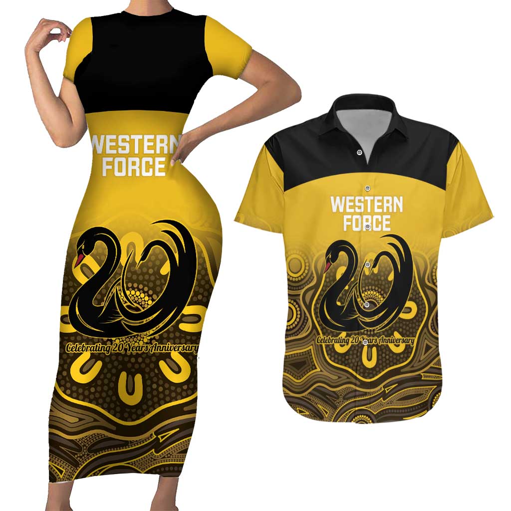 Custom Australia Western Force Couples Matching Short Sleeve Bodycon Dress and Hawaiian Shirt 20 Years Anniversary Aboriginal Yellow Version