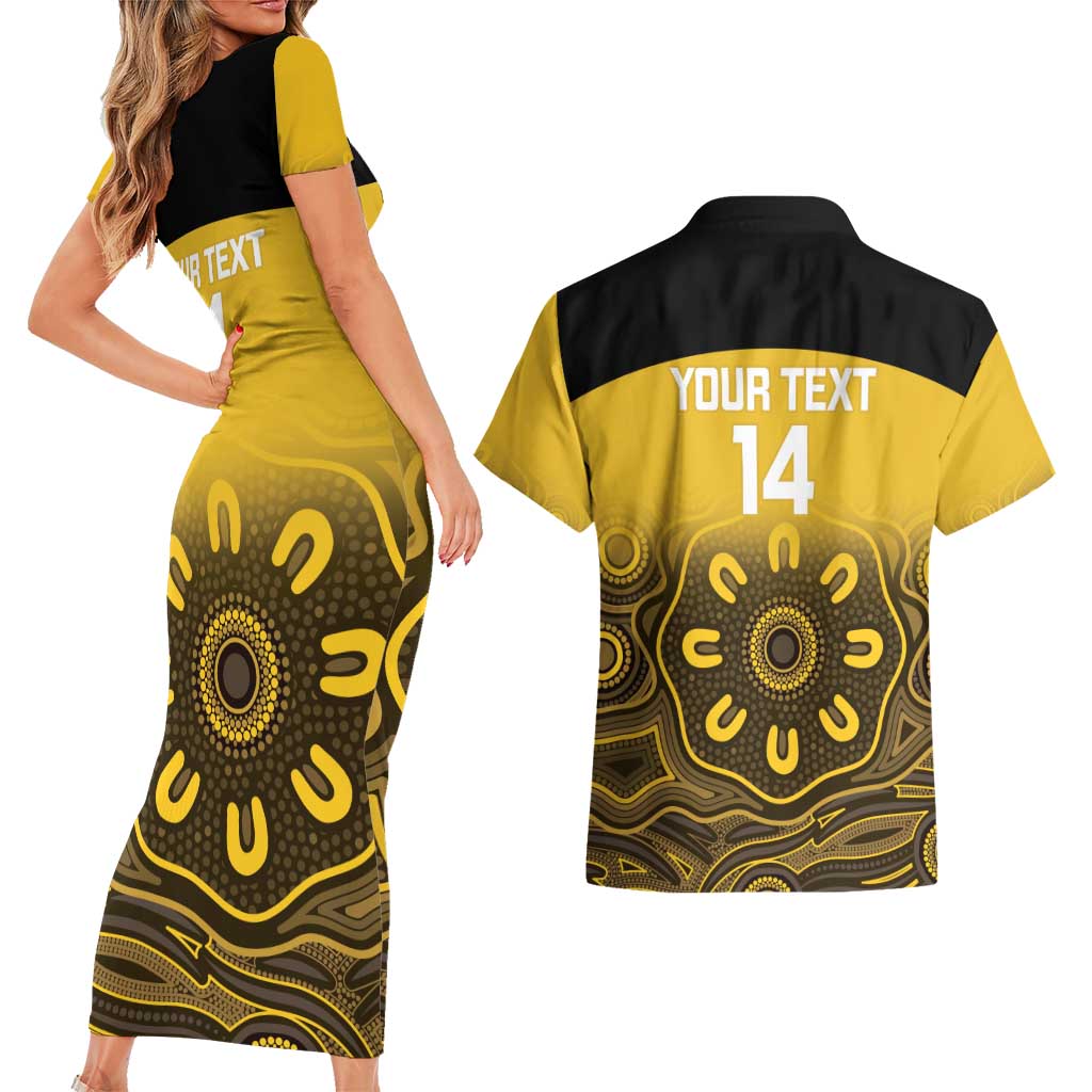 Custom Australia Western Force Couples Matching Short Sleeve Bodycon Dress and Hawaiian Shirt 20 Years Anniversary Aboriginal Yellow Version