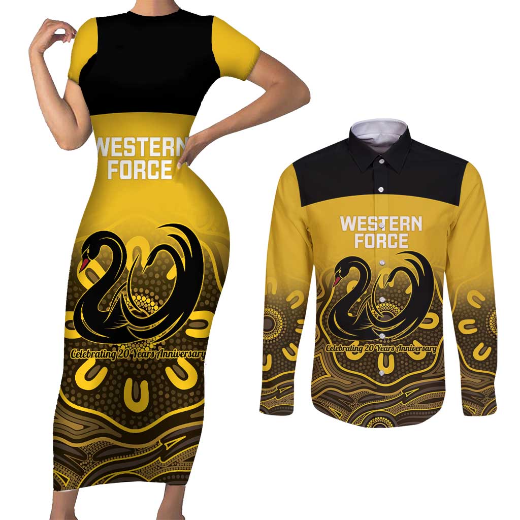 Custom Australia Western Force Couples Matching Short Sleeve Bodycon Dress and Long Sleeve Button Shirt 20 Years Anniversary Aboriginal Yellow Version