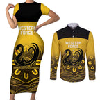Custom Australia Western Force Couples Matching Short Sleeve Bodycon Dress and Long Sleeve Button Shirt 20 Years Anniversary Aboriginal Yellow Version