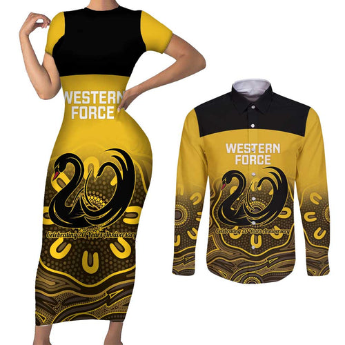 Custom Australia Western Force Couples Matching Short Sleeve Bodycon Dress and Long Sleeve Button Shirt 20 Years Anniversary Aboriginal Yellow Version