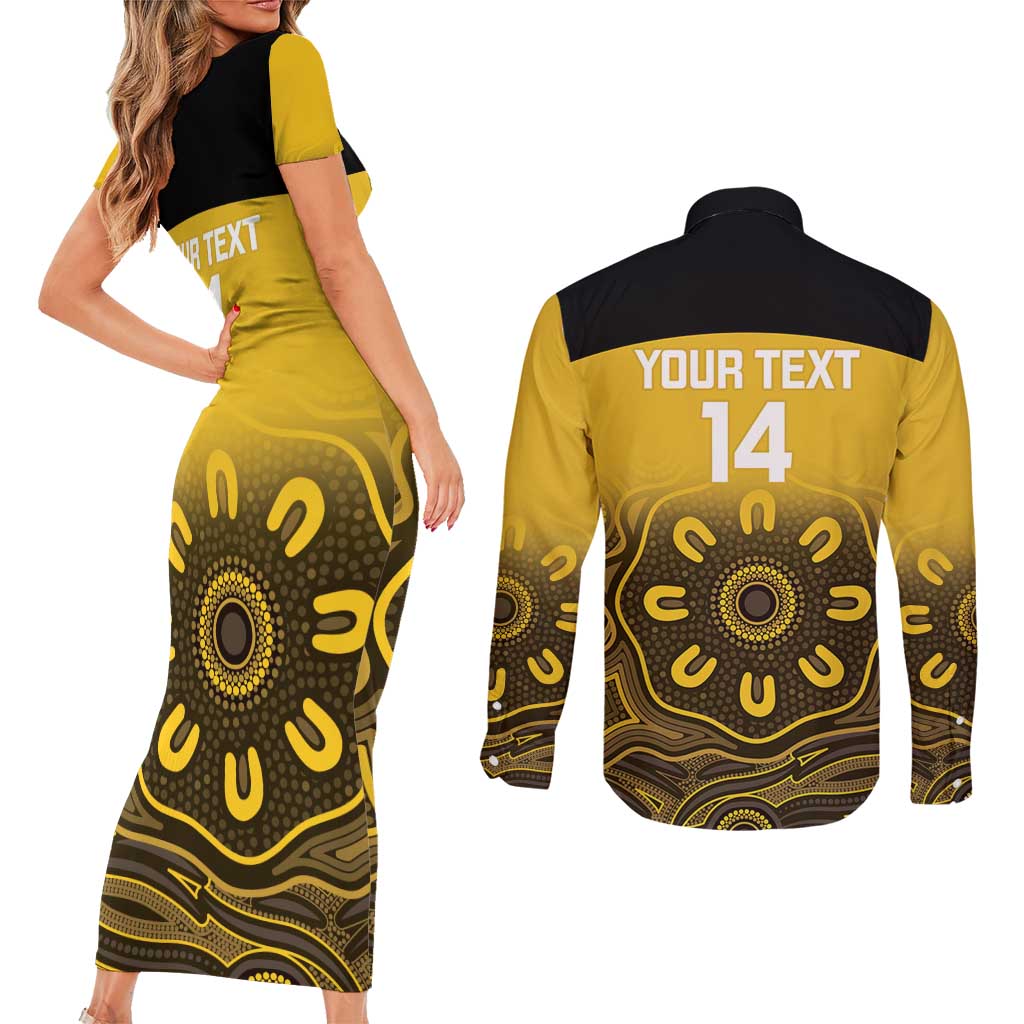 Custom Australia Western Force Couples Matching Short Sleeve Bodycon Dress and Long Sleeve Button Shirt 20 Years Anniversary Aboriginal Yellow Version