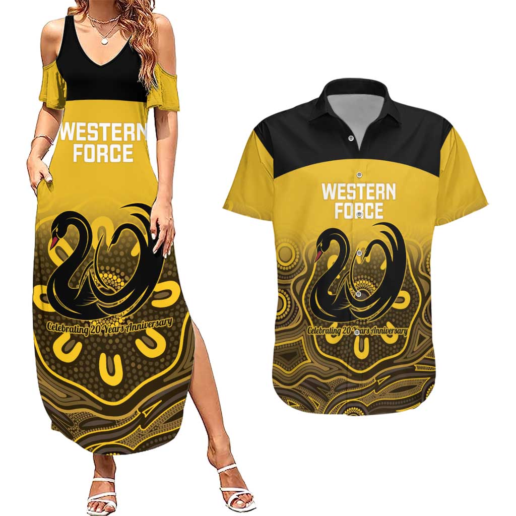 Custom Australia Western Force Couples Matching Summer Maxi Dress and Hawaiian Shirt 20 Years Anniversary Aboriginal Yellow Version