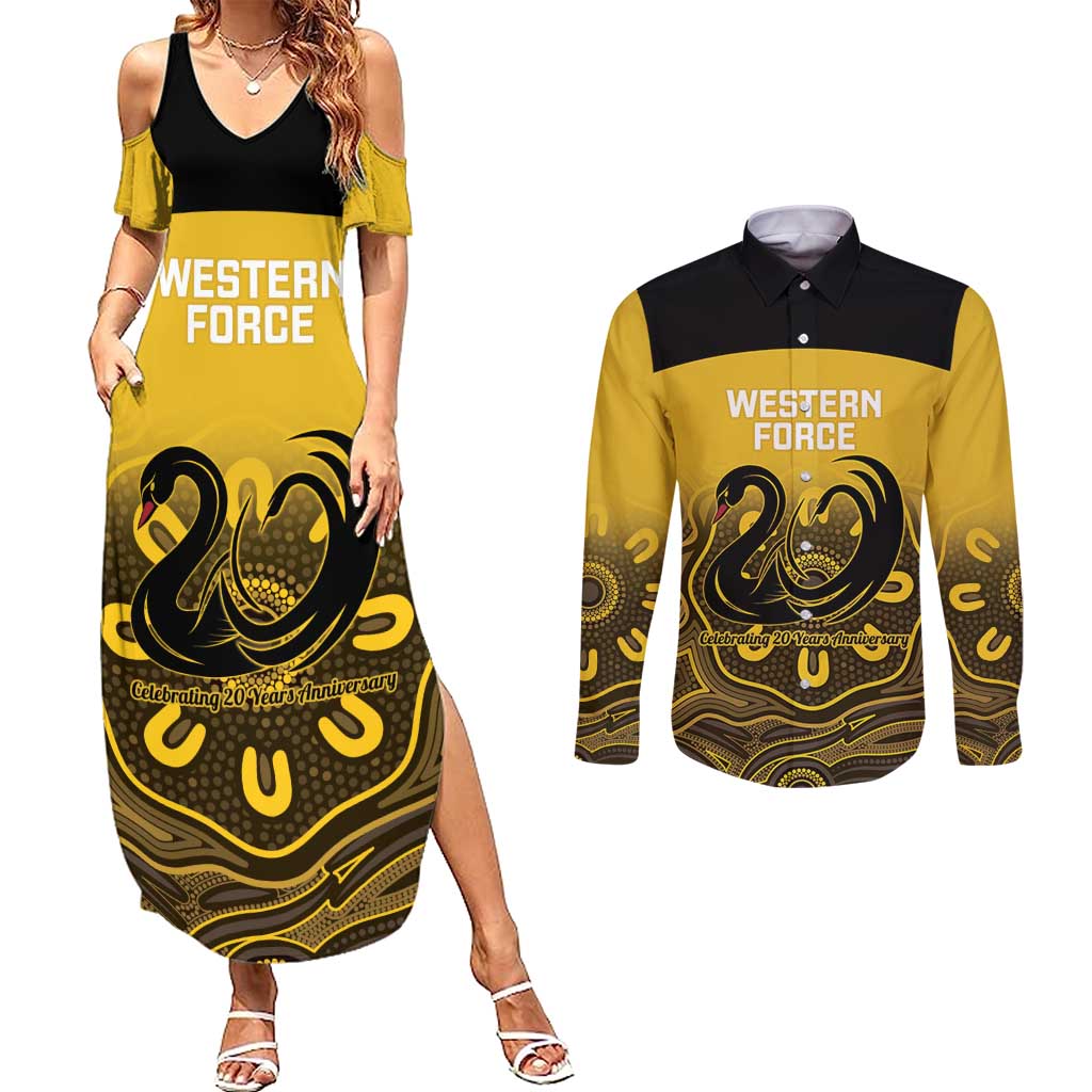 Custom Australia Western Force Couples Matching Summer Maxi Dress and Long Sleeve Button Shirt 20 Years Anniversary Aboriginal Yellow Version