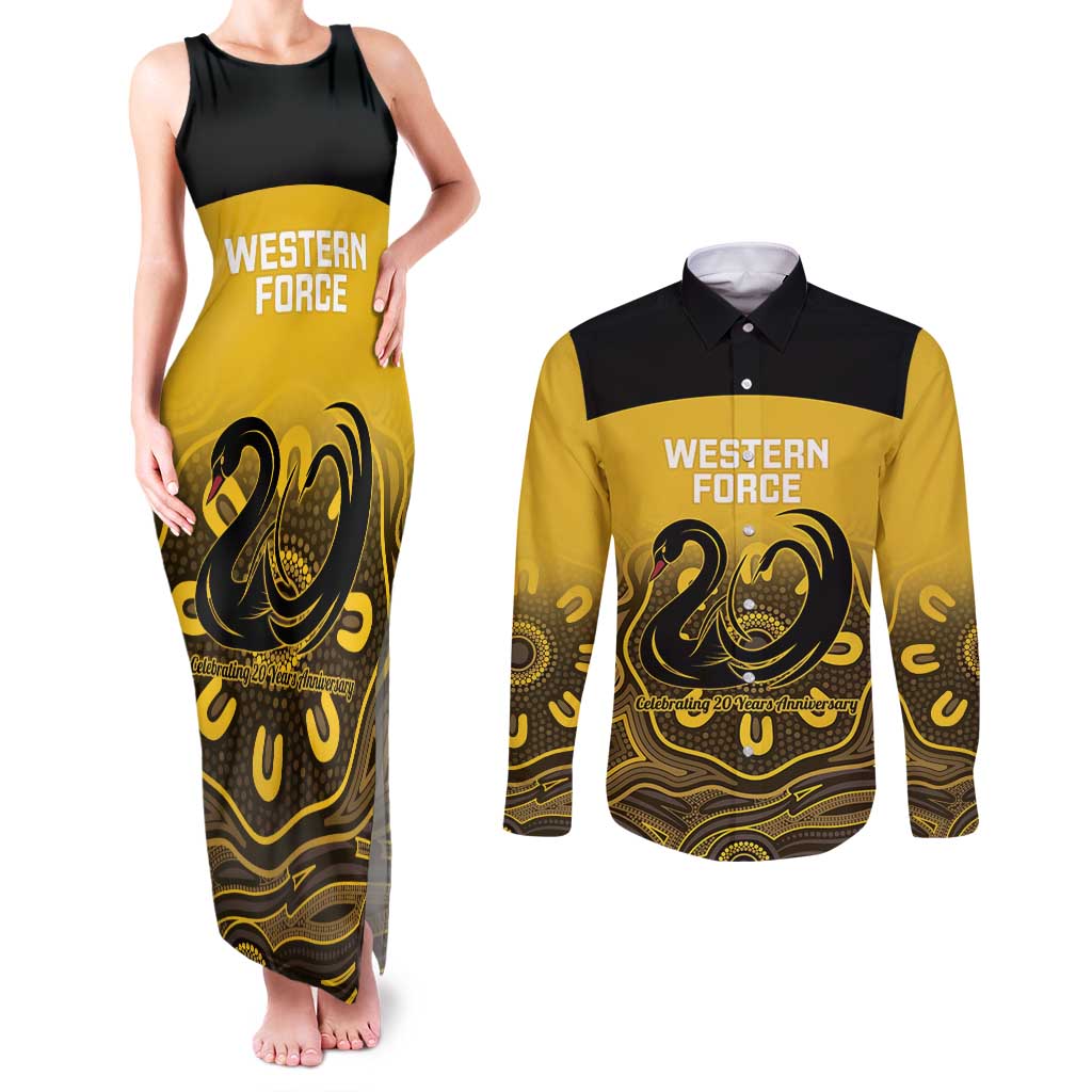 Custom Australia Western Force Couples Matching Tank Maxi Dress and Long Sleeve Button Shirt 20 Years Anniversary Aboriginal Yellow Version