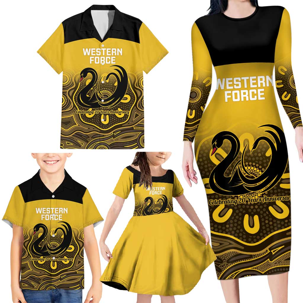 Custom Australia Western Force Family Matching Long Sleeve Bodycon Dress and Hawaiian Shirt 20 Years Anniversary Aboriginal Yellow Version