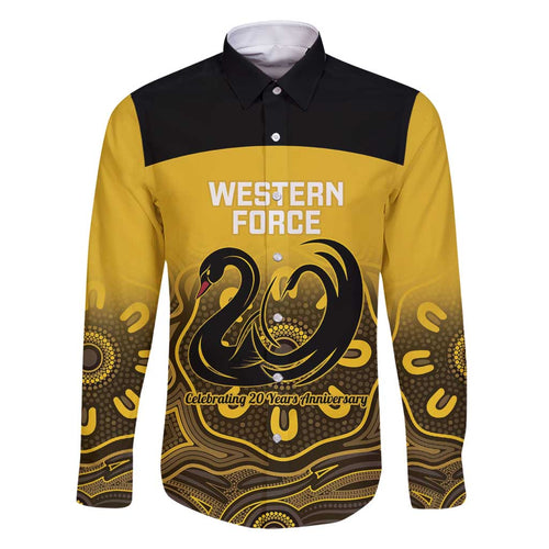 Custom Australia Western Force Family Matching Long Sleeve Bodycon Dress and Hawaiian Shirt 20 Years Anniversary Aboriginal Yellow Version