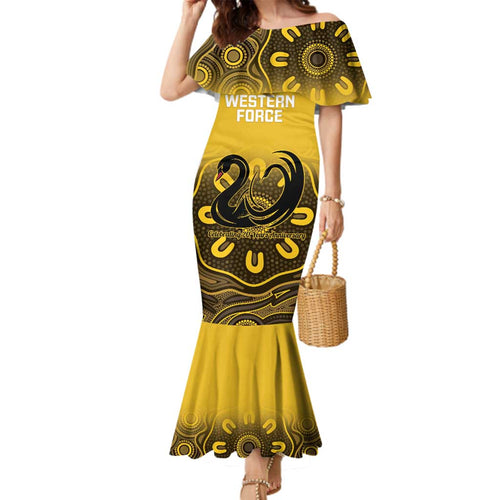 Custom Australia Western Force Family Matching Mermaid Dress and Hawaiian Shirt 20 Years Anniversary Aboriginal Yellow Version