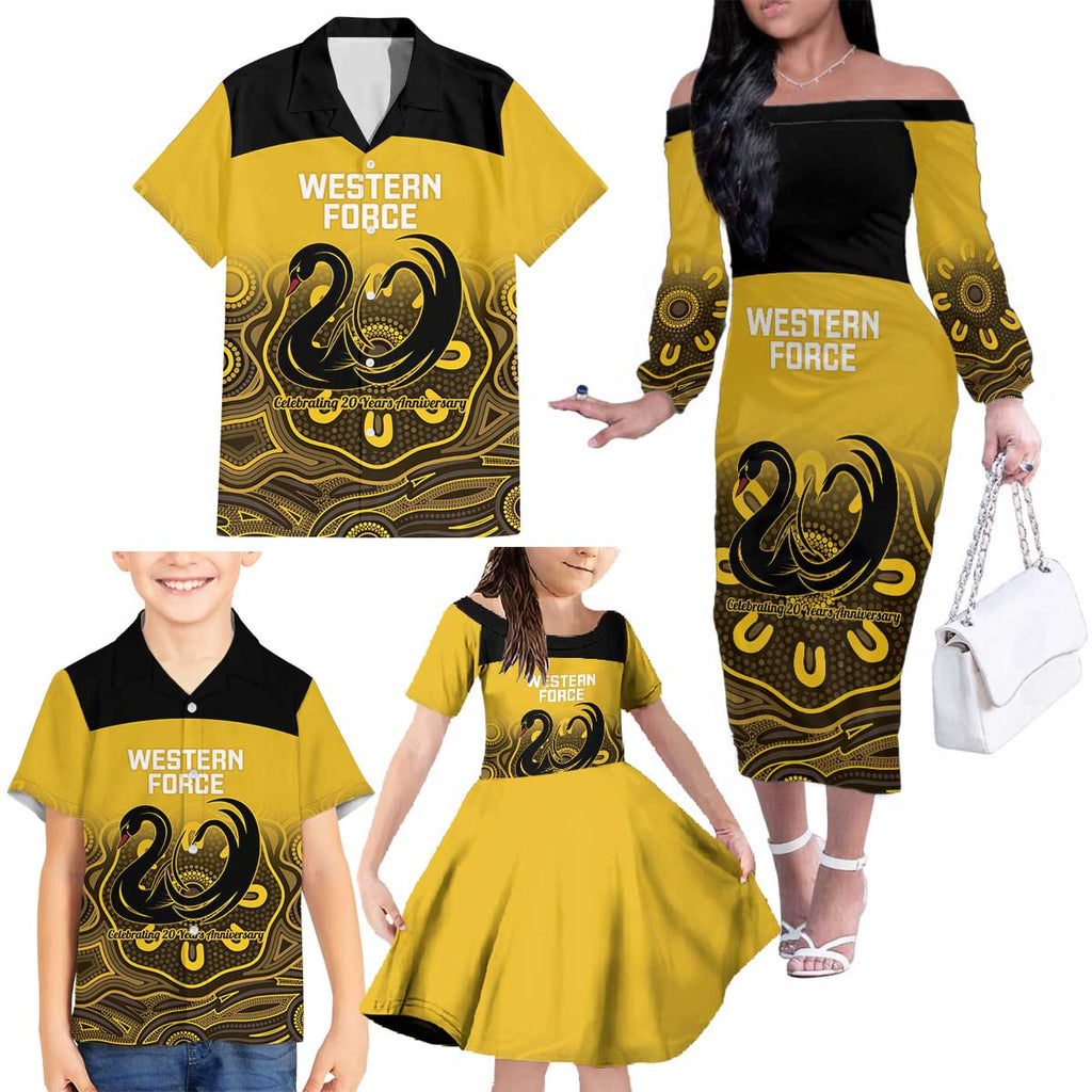 Custom Australia Western Force Family Matching Off The Shoulder Long Sleeve Dress and Hawaiian Shirt 20 Years Anniversary Aboriginal Yellow Version