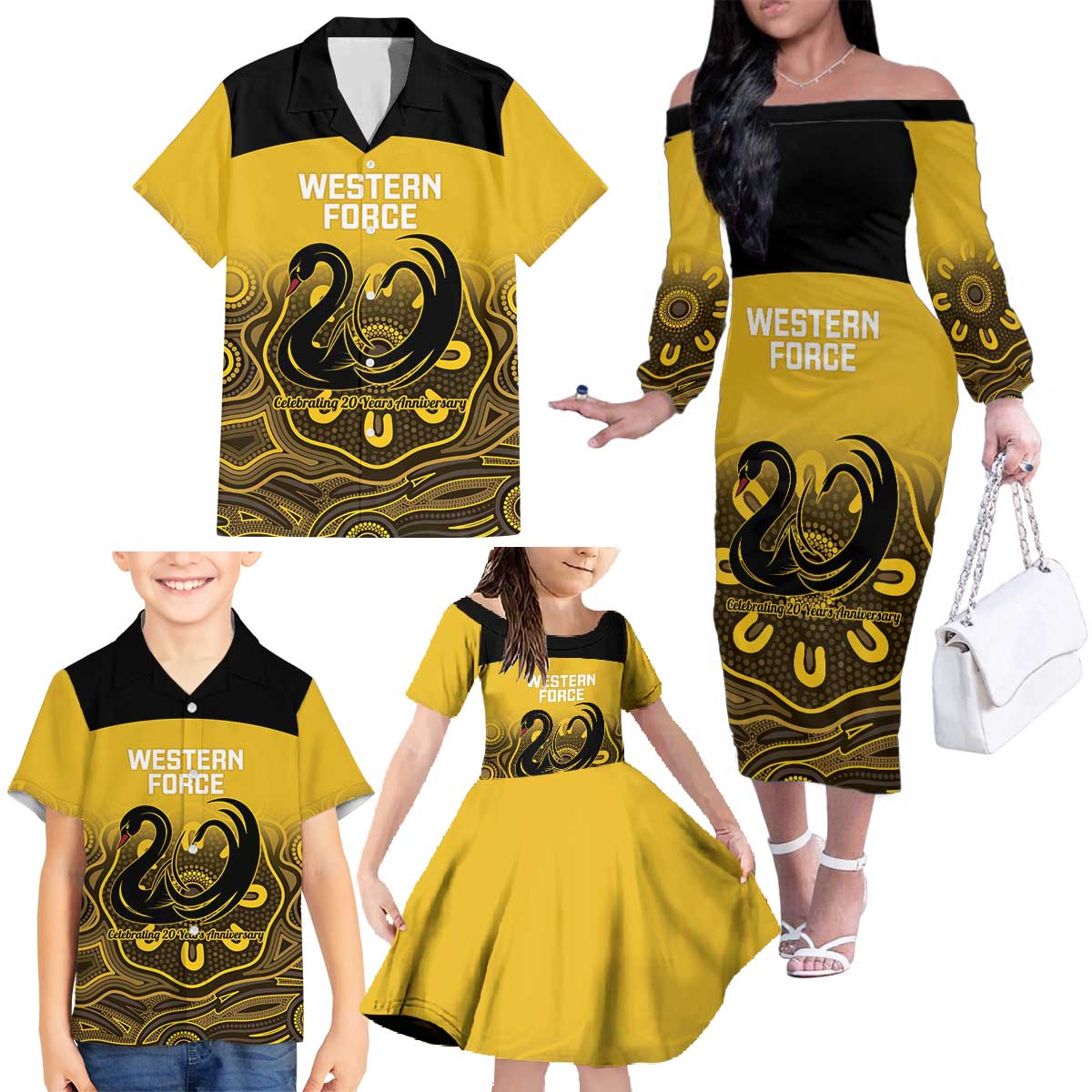 Custom Australia Western Force Family Matching Off The Shoulder Long Sleeve Dress and Hawaiian Shirt 20 Years Anniversary Aboriginal Yellow Version