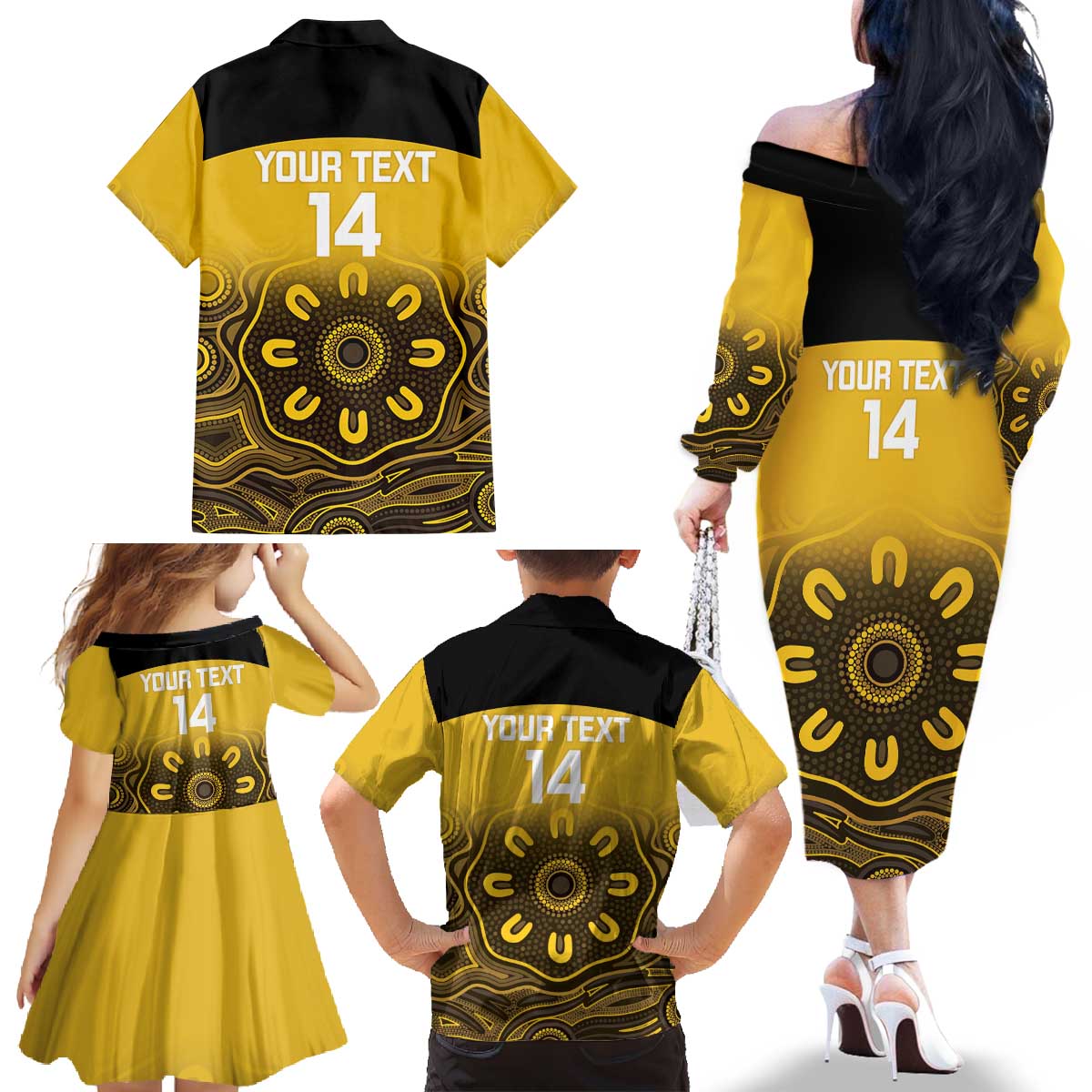 Custom Australia Western Force Family Matching Off The Shoulder Long Sleeve Dress and Hawaiian Shirt 20 Years Anniversary Aboriginal Yellow Version