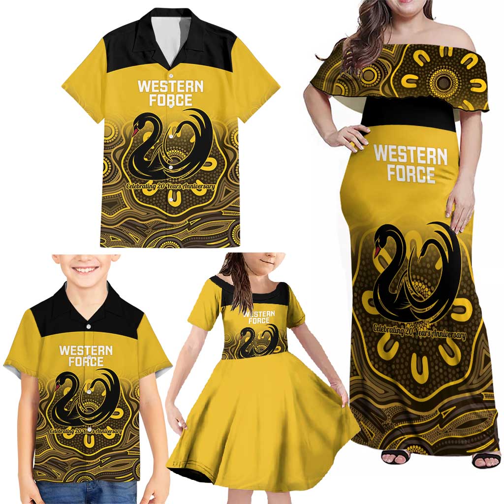 Custom Australia Western Force Family Matching Off Shoulder Maxi Dress and Hawaiian Shirt 20 Years Anniversary Aboriginal Yellow Version