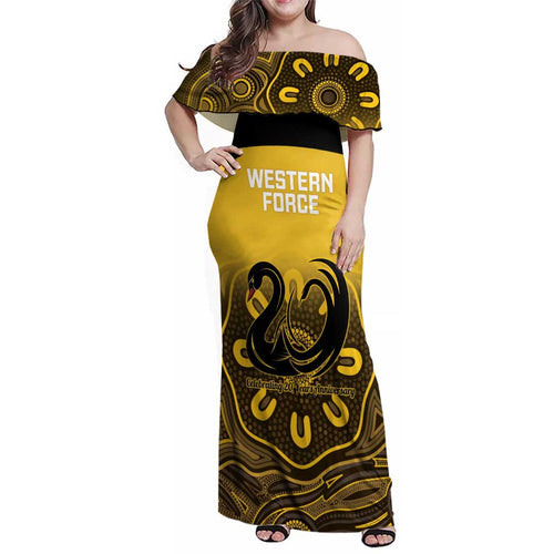 Custom Australia Western Force Family Matching Off Shoulder Maxi Dress and Hawaiian Shirt 20 Years Anniversary Aboriginal Yellow Version