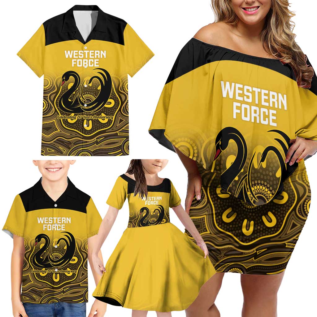 Custom Australia Western Force Family Matching Off Shoulder Short Dress and Hawaiian Shirt 20 Years Anniversary Aboriginal Yellow Version