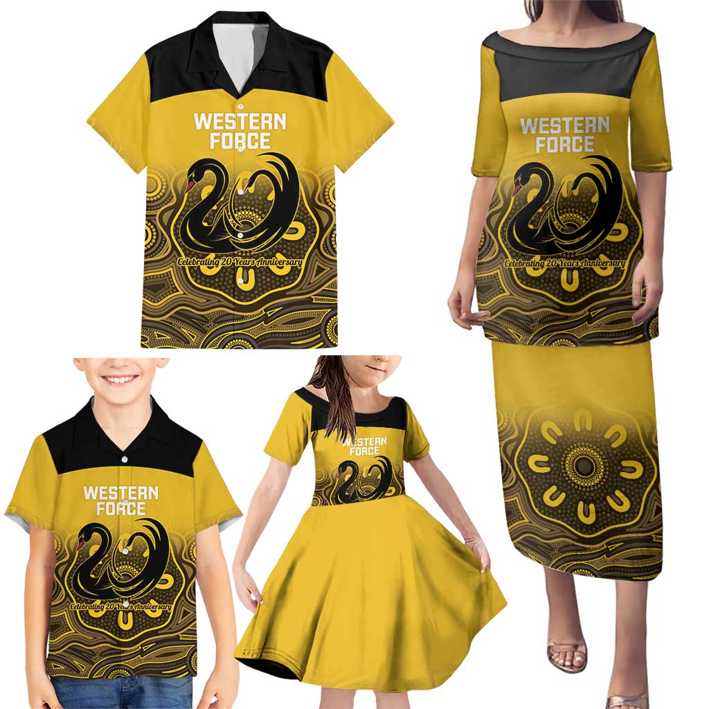 Custom Australia Western Force Family Matching Puletasi and Hawaiian Shirt 20 Years Anniversary Aboriginal Yellow Version