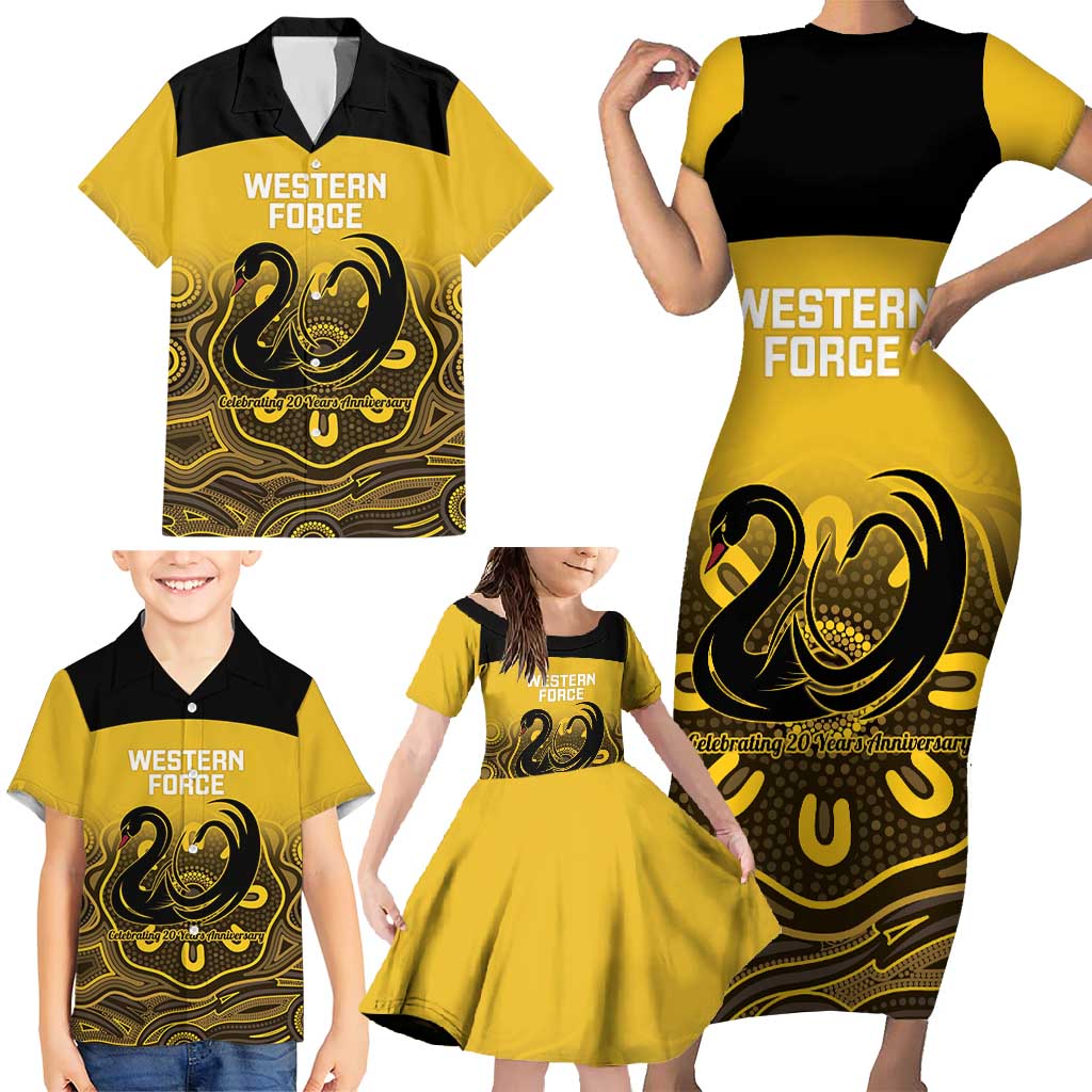 Custom Australia Western Force Family Matching Short Sleeve Bodycon Dress and Hawaiian Shirt 20 Years Anniversary Aboriginal Yellow Version