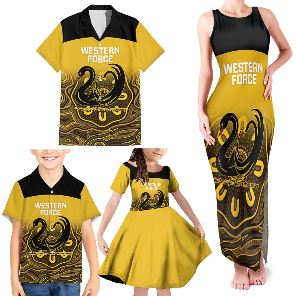 Custom Australia Western Force Family Matching Tank Maxi Dress and Hawaiian Shirt 20 Years Anniversary Aboriginal Yellow Version