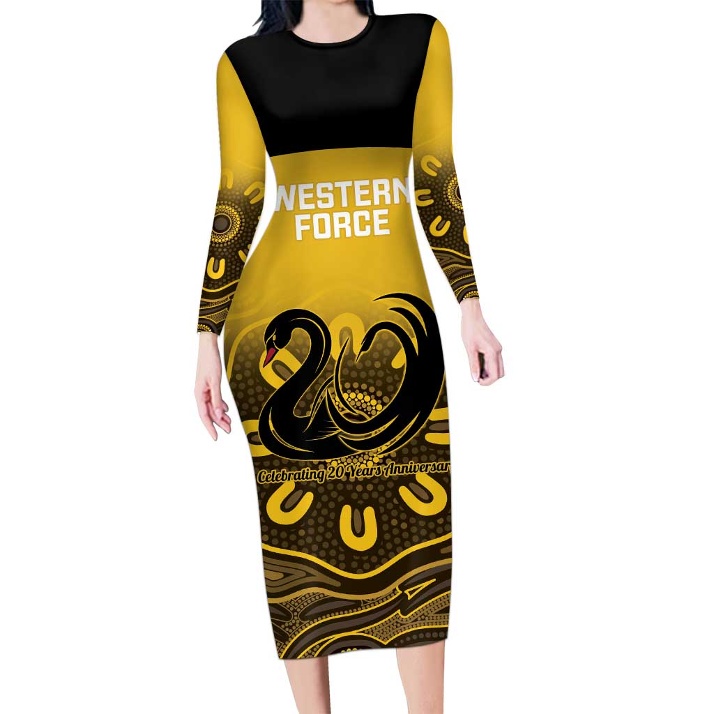 Custom Australia Western Force Long Sleeve Bodycon Dress 20 Years Anniversary Aboriginal Yellow Version