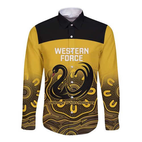 Custom Australia Western Force Long Sleeve Button Shirt 20 Years Anniversary Aboriginal Yellow Version