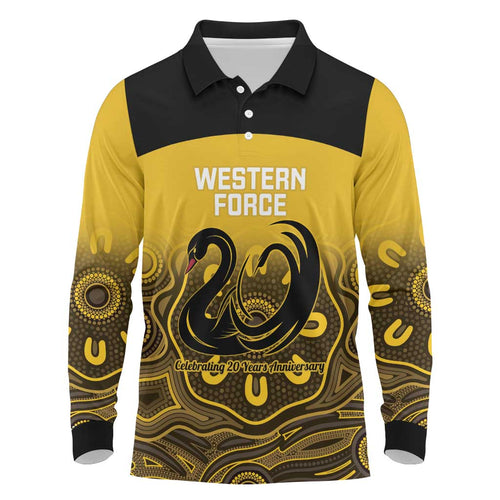 Custom Australia Western Force Long Sleeve Polo Shirt 20 Years Anniversary Aboriginal Yellow Version