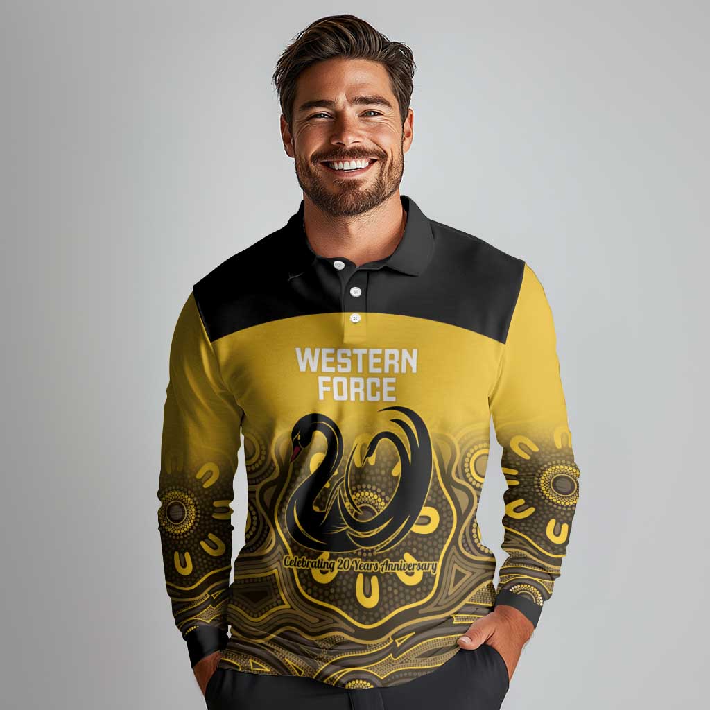 Custom Australia Western Force Long Sleeve Polo Shirt 20 Years Anniversary Aboriginal Yellow Version