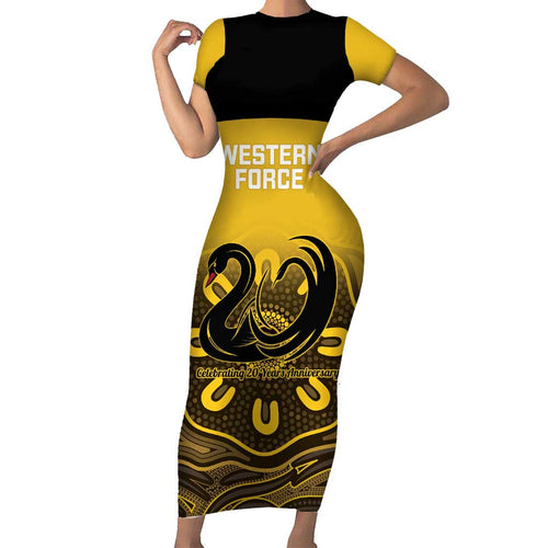 Custom Australia Western Force Short Sleeve Bodycon Dress 20 Years Anniversary Aboriginal Yellow Version