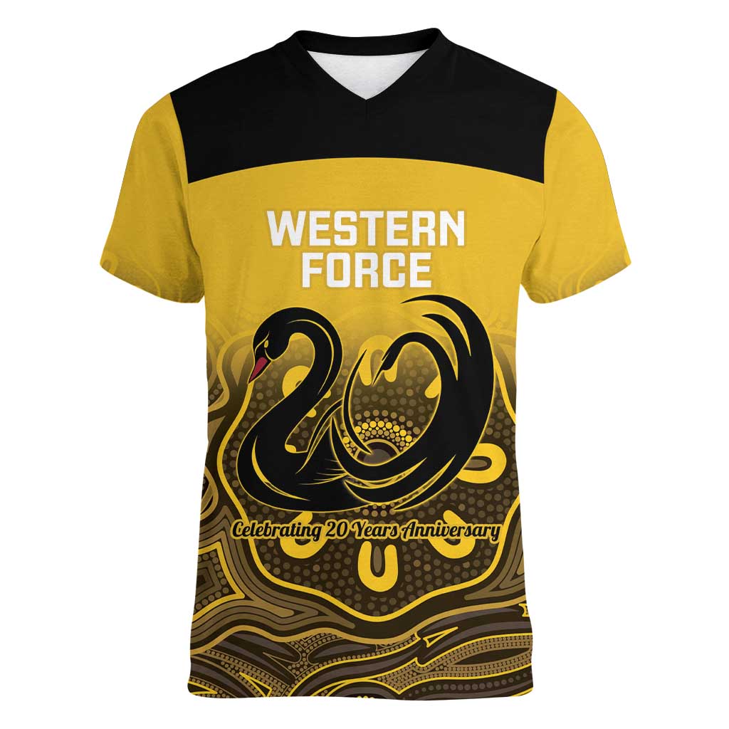 Custom Australia Western Force Women V-Neck T-Shirt 20 Years Anniversary Aboriginal Yellow Version