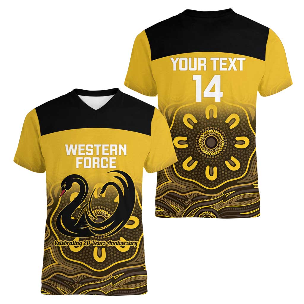 Custom Australia Western Force Women V-Neck T-Shirt 20 Years Anniversary Aboriginal Yellow Version