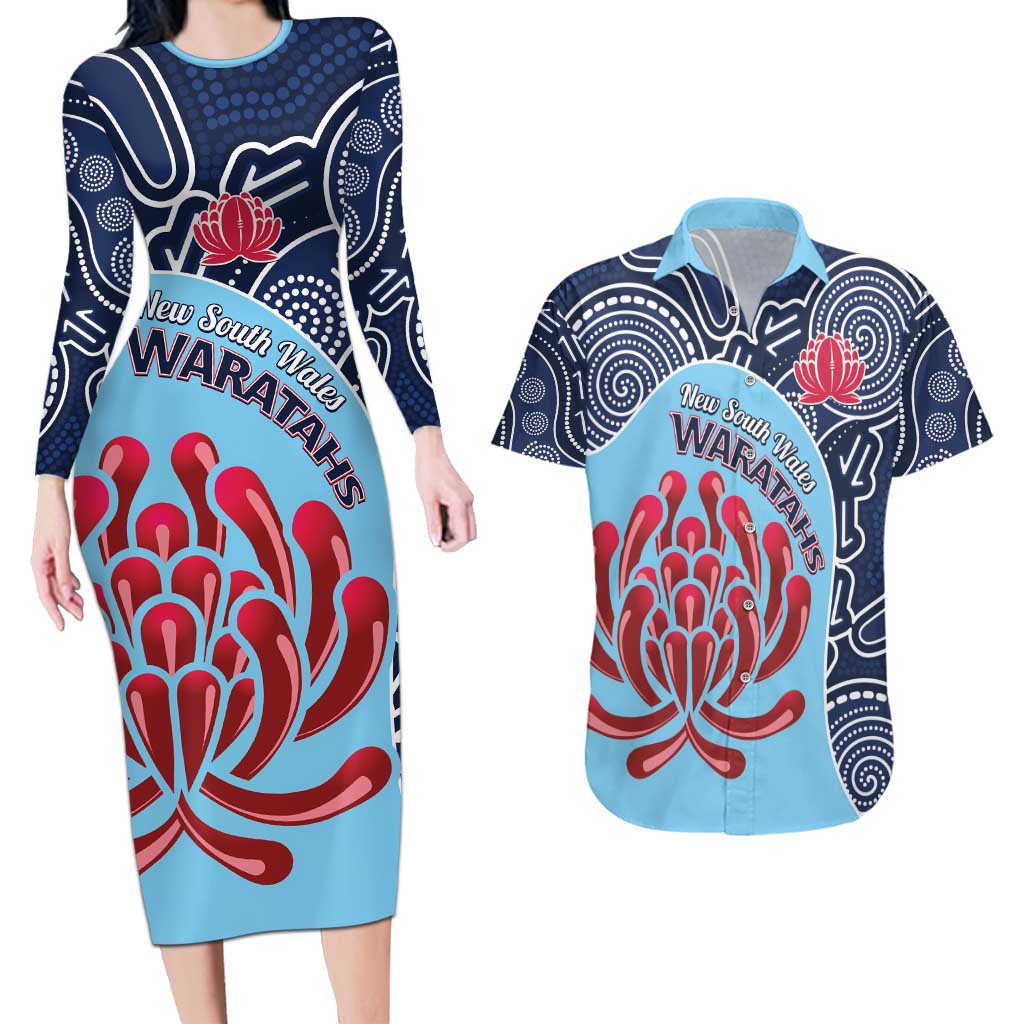 Custom Australia NSW Waratahs Couples Matching Long Sleeve Bodycon Dress and Hawaiian Shirt Go Champions Aboriginal Art