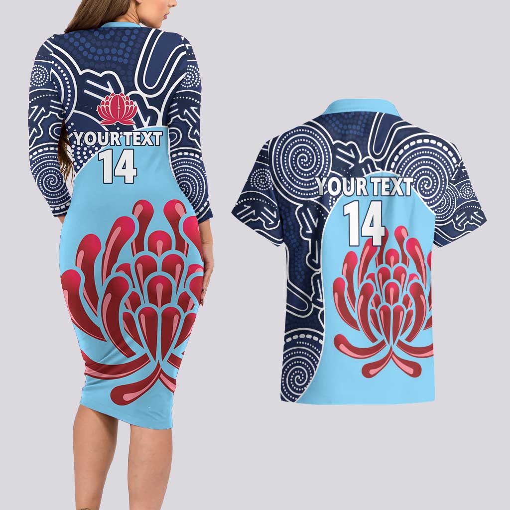 Custom Australia NSW Waratahs Couples Matching Long Sleeve Bodycon Dress and Hawaiian Shirt Go Champions Aboriginal Art