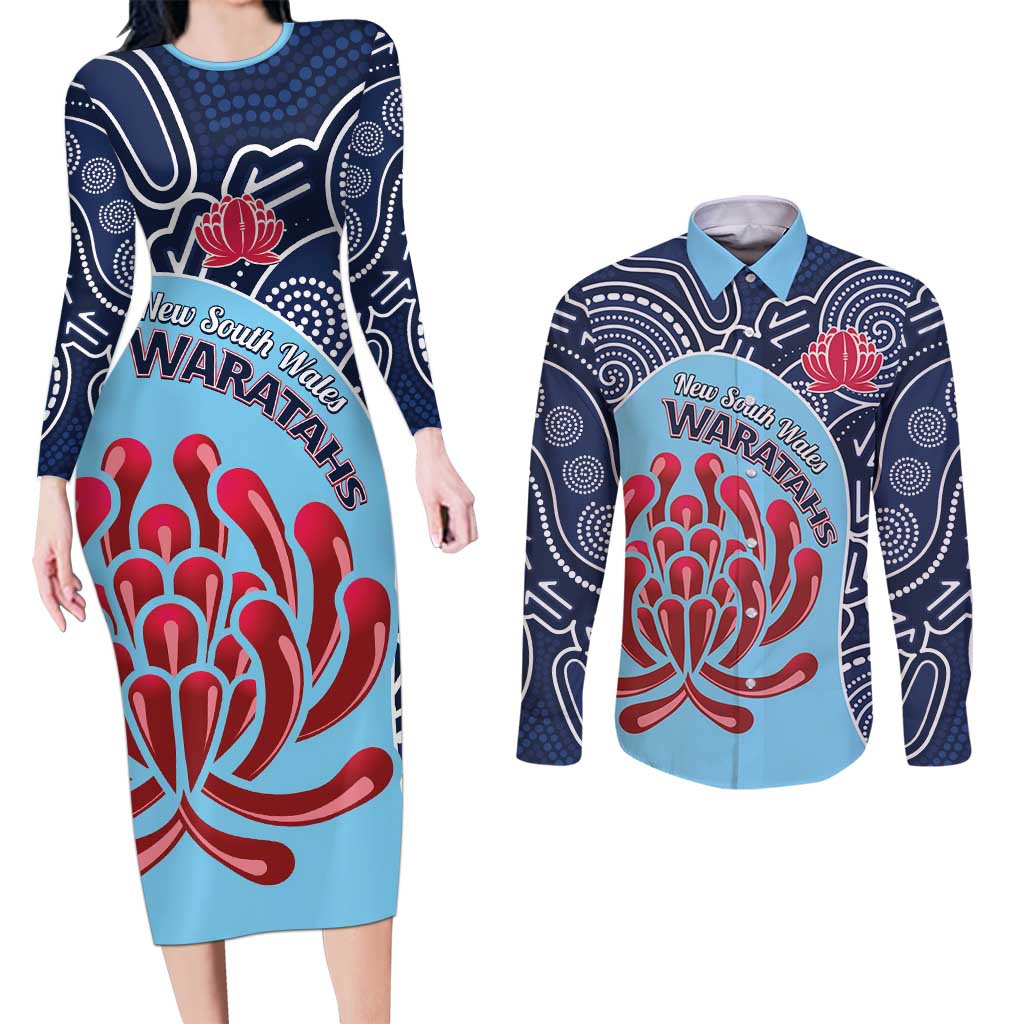 Custom Australia NSW Waratahs Couples Matching Long Sleeve Bodycon Dress and Long Sleeve Button Shirt Go Champions Aboriginal Art