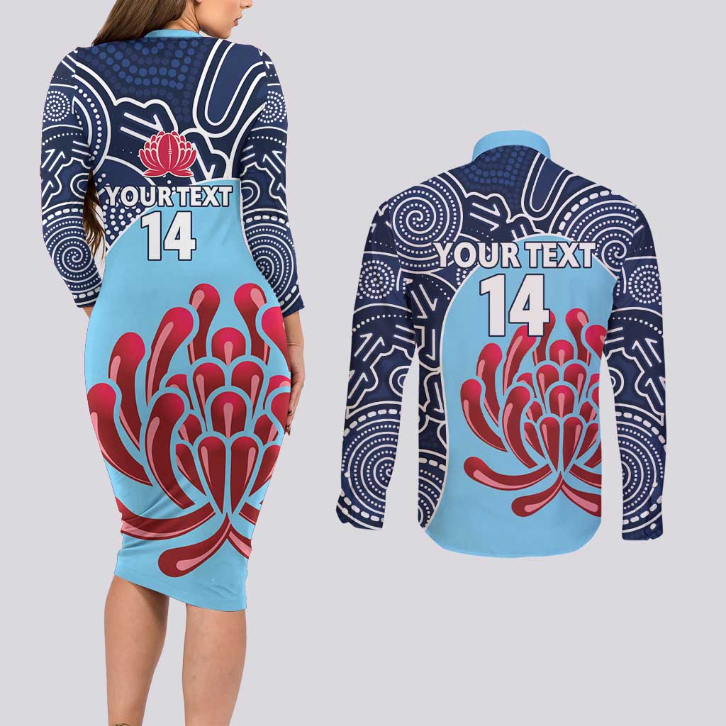 Custom Australia NSW Waratahs Couples Matching Long Sleeve Bodycon Dress and Long Sleeve Button Shirt Go Champions Aboriginal Art