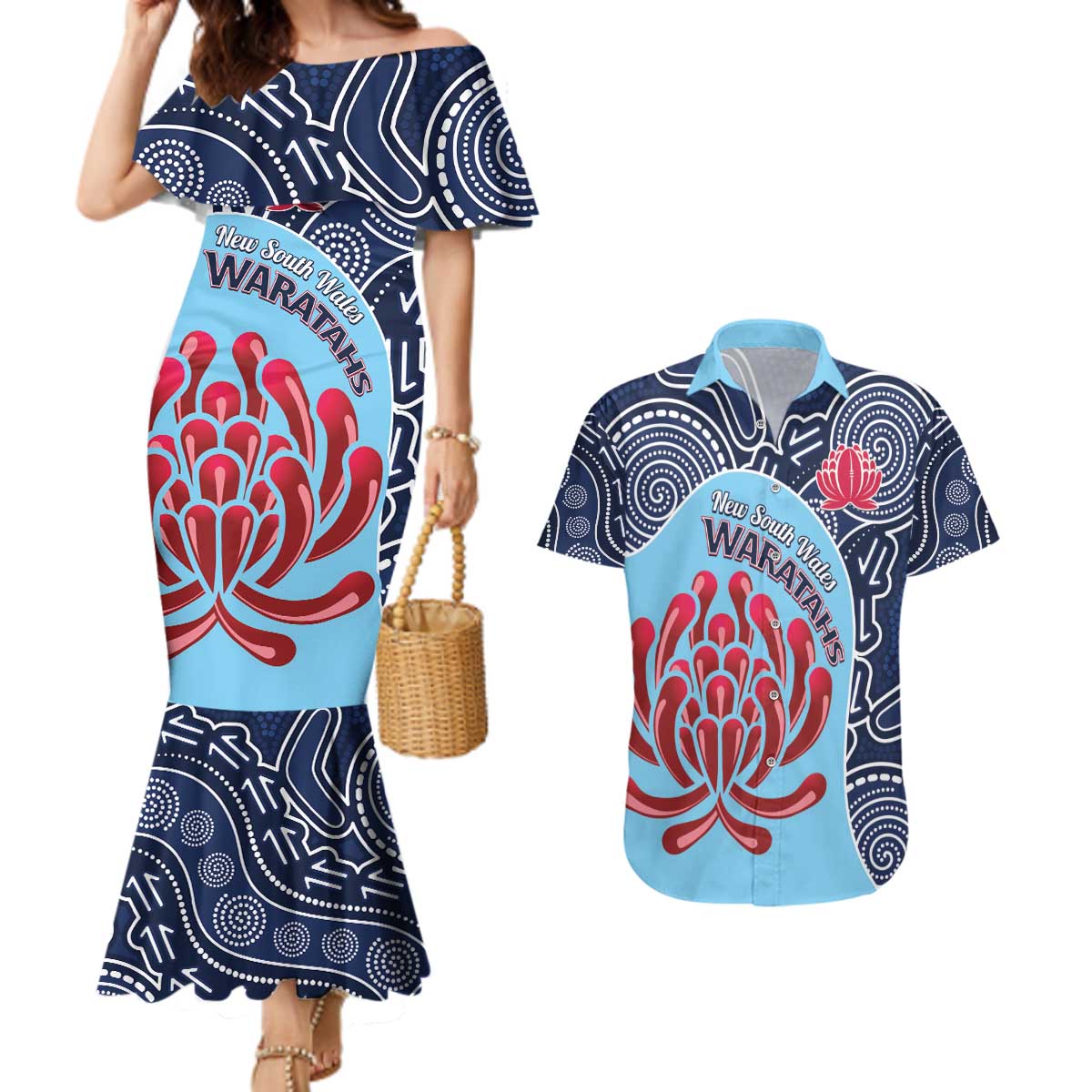 Custom Australia NSW Waratahs Couples Matching Mermaid Dress and Hawaiian Shirt Go Champions Aboriginal Art