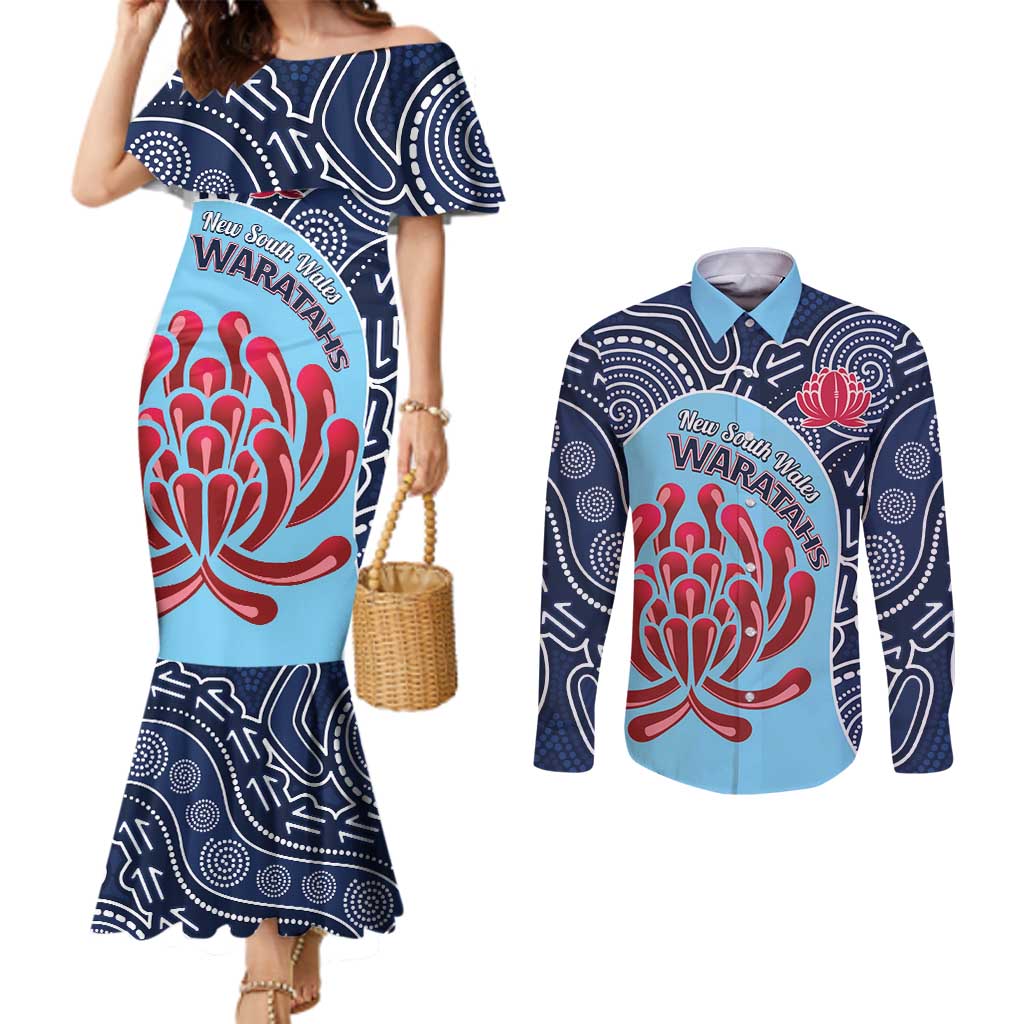 Custom Australia NSW Waratahs Couples Matching Mermaid Dress and Long Sleeve Button Shirt Go Champions Aboriginal Art