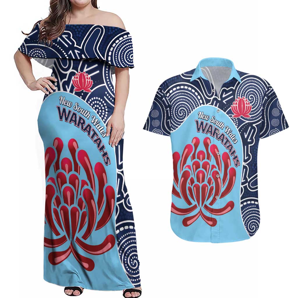 Custom Australia NSW Waratahs Couples Matching Off Shoulder Maxi Dress and Hawaiian Shirt Go Champions Aboriginal Art