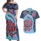 Custom Australia NSW Waratahs Couples Matching Off Shoulder Maxi Dress and Hawaiian Shirt Go Champions Aboriginal Art