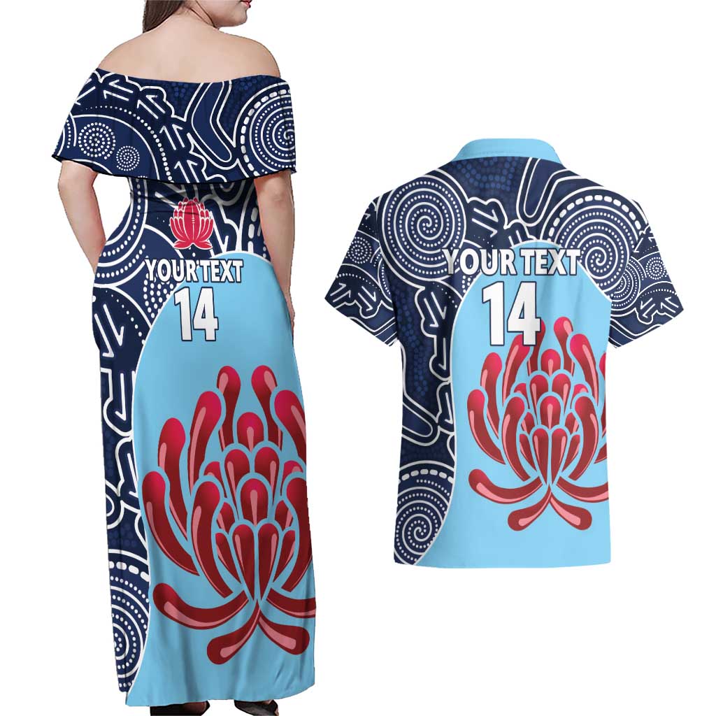 Custom Australia NSW Waratahs Couples Matching Off Shoulder Maxi Dress and Hawaiian Shirt Go Champions Aboriginal Art